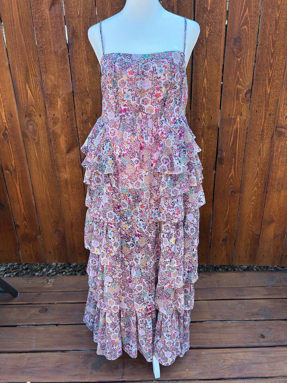 The Reset Leana Pink Floral Tiered Ruffle Maxi Sundress Size S EUC
